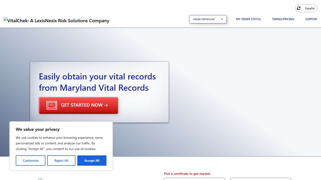 Maryland Vital Records (MD) Order Certificates - VitalChek